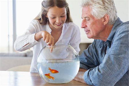 Girl showing a golden fish to her grandfather in a fishbowl Stock Photo - Premium Royalty-Free, Code: 6108-05870167