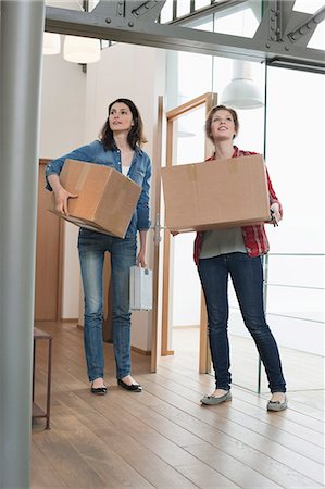 Female friends carrying cardboard boxes at home Foto de stock - Royalty Free Premium, Número: 6108-06166355