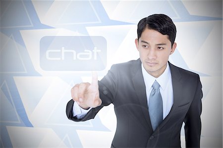 simsearch:6109-07601653,k - Chat against abstract glowing triangles Foto de stock - Sin royalties Premium, Código: 6109-07601699