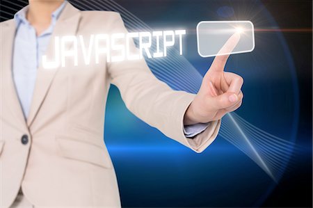 Businesswomans finger touching javascript button Stock Photo - Premium Royalty-Free, Code: 6109-07601726