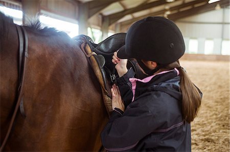 selle (cheval) - Female rider securing saddle Photographie de stock - Premium Libres de Droits, Code: 6109-08399483