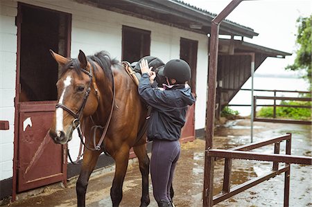 equestrian - Female rider securing saddle Foto de stock - Sin royalties Premium, Código: 6109-08399487