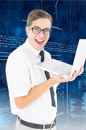 simsearch:6109-06781422,k - Businessman holding laptop on digital background Stock Photo - Premium Royalty-Free, Code: 6109-08481858