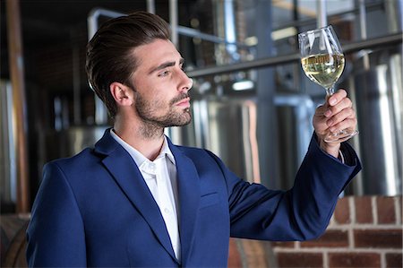 Well dressed man examining glass of wine at the winefarm Stock Photo - Premium Royalty-Free, Code: 6109-08489547