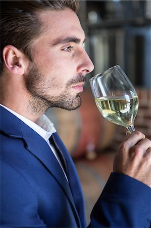 Well dressed man examining glass of wine at the winefarm Stock Photo - Premium Royalty-Free, Code: 6109-08489556