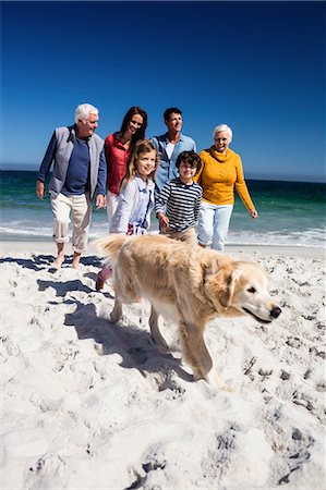 family dog grandparents parents child - Cute family walking with their dog on the beach Stock Photo - Premium Royalty-Free, Code: 6109-08434908