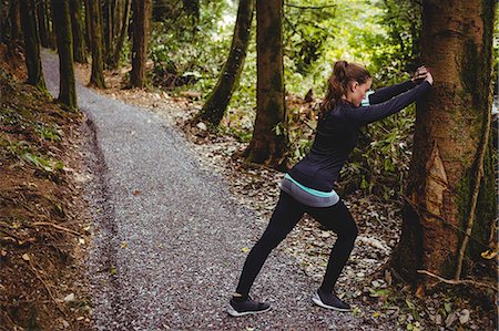 simsearch:6109-08435603,k - Fit brunette stretching against a tree in the woods Stock Photo - Premium Royalty-Free, Code: 6109-08435605