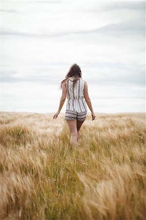 simsearch:6118-08220582,k - Rear view of woman walking through wheat field on a sunny day Foto de stock - Sin royalties Premium, Código: 6109-08764792