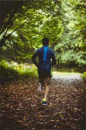 simsearch:6109-08928446,k - Rear view of athlete running on dirt track in forest Photographie de stock - Premium Libres de Droits, Code: 6109-08782852