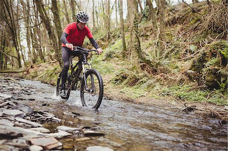 Front view of mountain biker in stream amidst trees at forest Foto de stock - Sin royalties Premium, Código: 6109-08700560