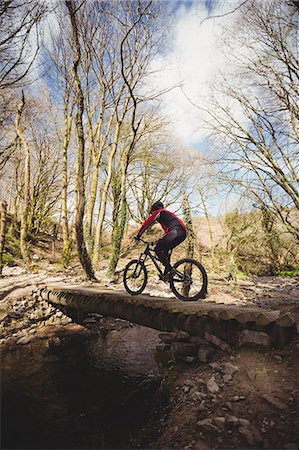 extreme sports and connect - Rear view of mountain biker on footbridge over stream in forest Stock Photo - Premium Royalty-Free, Code: 6109-08700596