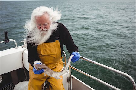senior man active - Fisherman holding fish on boat Stock Photo - Premium Royalty-Free, Code: 6109-08701048