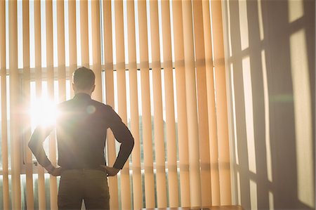 simsearch:622-08657638,k - Rear view of man standing with hands on hip near window blinds Stock Photo - Premium Royalty-Free, Code: 6109-08944245