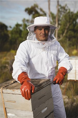 simsearch:6109-08953449,k - Portrait of confident male beekeeper working on beehive at apiary Foto de stock - Sin royalties Premium, Código: 6109-08953438
