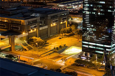 simsearch:877-08897990,k - Aerial view of streets and office building in business district at night Stock Photo - Premium Royalty-Free, Code: 6109-08929267