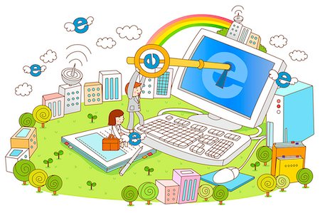 simsearch:6111-06727316,k - Executive unlocking computer with rainbow and buildings in background Stock Photo - Premium Royalty-Free, Code: 6111-06727312