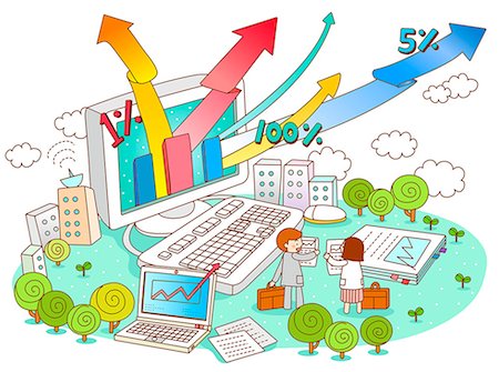 simsearch:6111-06727306,k - Illustration of bar graph and arrow sign with business people Stock Photo - Premium Royalty-Free, Code: 6111-06727317