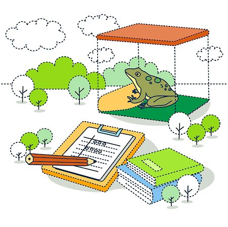science project - Illustration of frog for scientific experiment with books Stock Photo - Premium Royalty-Free, Code: 6111-06727591