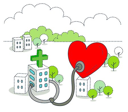 simbolo dell'addizione - Illustration of heart and stethoscope with hospital Fotografie stock - Premium Royalty-Free, Codice: 6111-06727660
