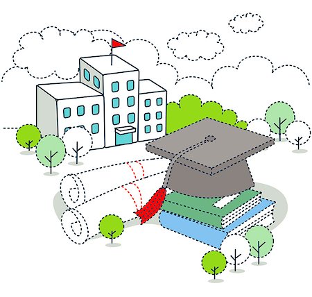 education concept - Graduation cap against education building Photographie de stock - Premium Libres de Droits, Code: 6111-06727604