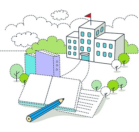 pencil illustration - Illustration on education building and books Stock Photo - Premium Royalty-Free, Code: 6111-06727609
