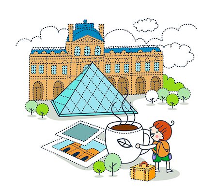 Illustration of girl having tea in front of Louvre Pyramid Stock Photo - Premium Royalty-Free, Code: 6111-06727756