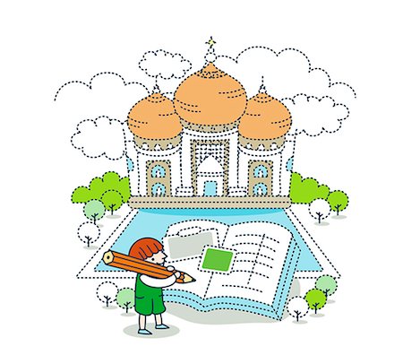 Illustration of a girl writing in book with Taj Mahal Stock Photo - Premium Royalty-Free, Code: 6111-06727770