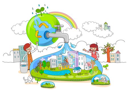 earth day - City In Water Droplet Foto de stock - Sin royalties Premium, Código: 6111-06727814