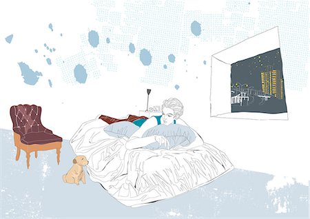 simsearch:6111-06727962,k - Illustration of man lying on bed while looking at his pet Foto de stock - Royalty Free Premium, Número: 6111-06727982