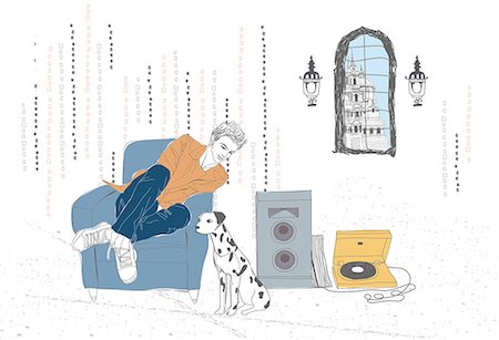 simsearch:6111-06727962,k - Illustration of boy listening music with his pet Foto de stock - Royalty Free Premium, Número: 6111-06727993