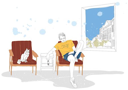 Illustration of boy relaxing on chair with cat Photographie de stock - Premium Libres de Droits, Code: 6111-06727991
