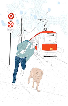 simsearch:6111-06727962,k - Illustration of man on platform with his pet Foto de stock - Royalty Free Premium, Número: 6111-06727998