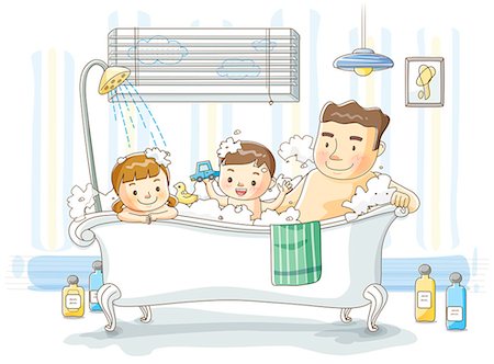 father son bath - Illustration of children having bath with father Foto de stock - Sin royalties Premium, Código: 6111-06728075