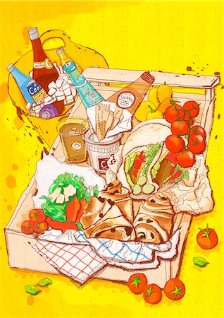 french cuisine - Large group of food stuffs in wooden basket Stock Photo - Premium Royalty-Free, Code: 6111-06728019