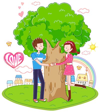 simsearch:6111-06728148,k - Couple Holding Hand Around Tree Foto de stock - Sin royalties Premium, Código: 6111-06728150