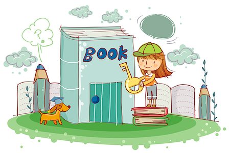 pencil illustration - Girl holding key with book Stock Photo - Premium Royalty-Free, Code: 6111-06728174