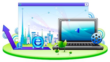 starting a business illustration - Laptop and reel with building in the background Stock Photo - Premium Royalty-Free, Code: 6111-06728263