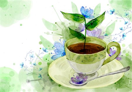 Coffee Cup And Spoon On Flora Background Foto de stock - Sin royalties Premium, Código: 6111-06728239