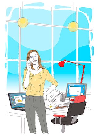 Illustration of business woman talking on cell phone Foto de stock - Sin royalties Premium, Código: 6111-06728443