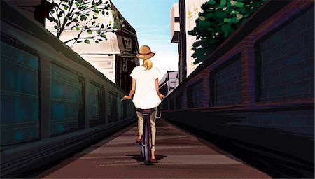 people on bike illustration - Rear view of woman riding bicycle Stock Photo - Premium Royalty-Free, Code: 6111-06728546