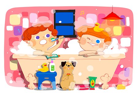 Illustration of boys in bath tub Photographie de stock - Premium Libres de Droits, Code: 6111-06728664