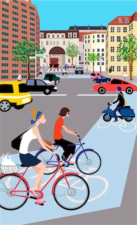 people on bike illustration - Women Bicycling On Busy Road Stock Photo - Premium Royalty-Free, Code: 6111-06728614