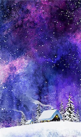 snow christmas nobody - Cottage And Fir Tree On Snow Landscape Stock Photo - Premium Royalty-Free, Code: 6111-06728747