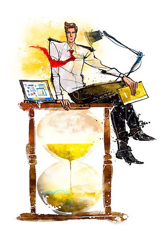 Illustration of businessman sitting on top of hourglass Photographie de stock - Premium Libres de Droits, Code: 6111-06728723