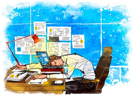 Illustration of man sleeping at work Foto de stock - Sin royalties Premium, Código: 6111-06728727