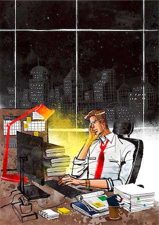 Illustration of businessman working late at night Photographie de stock - Premium Libres de Droits, Code: 6111-06728726