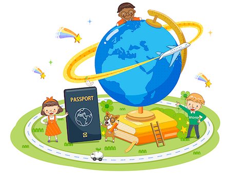 pencil illustration - Children With Passport And Globe Stock Photo - Premium Royalty-Free, Code: 6111-06729378