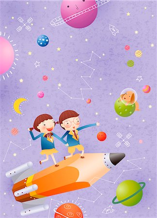 planeta - Children On Pencil Rocket Foto de stock - Sin royalties Premium, Código: 6111-06729317