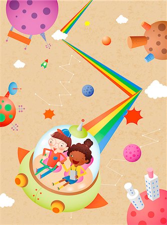 space and stars - Children On Space Ride Stock Photo - Premium Royalty-Free, Code: 6111-06729320