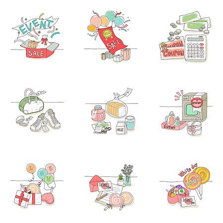 drawing of a supermarket - Set of various icons for sale Stock Photo - Premium Royalty-Free, Code: 6111-06837068